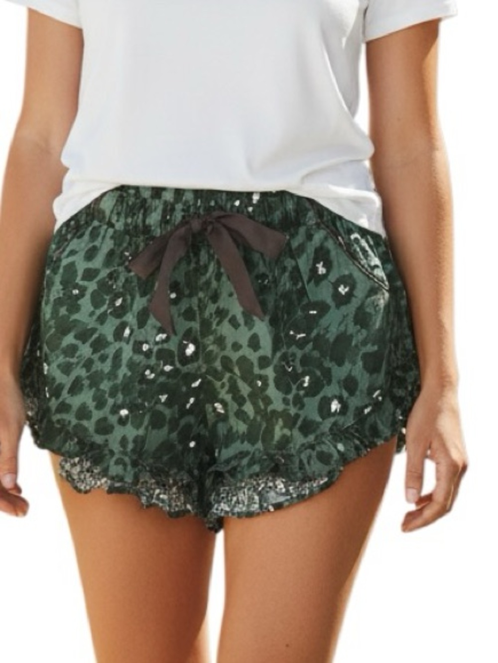 AERIE: Green Ruffle Leopard Print Sleep Shorts Pajamas - Size XS